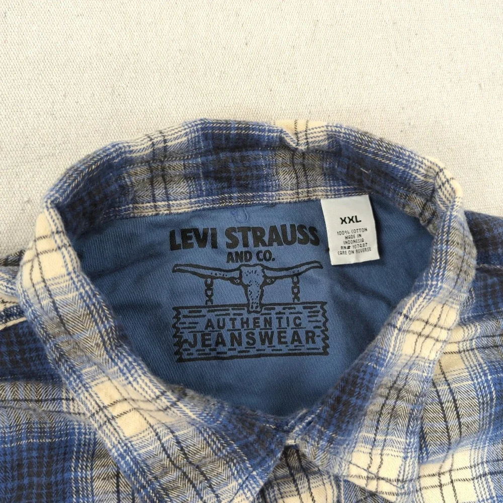 Levis Shirt Mens 2XL Blue Plaid Flannel Pearl Snap Western‎ Cowboy Rodeo